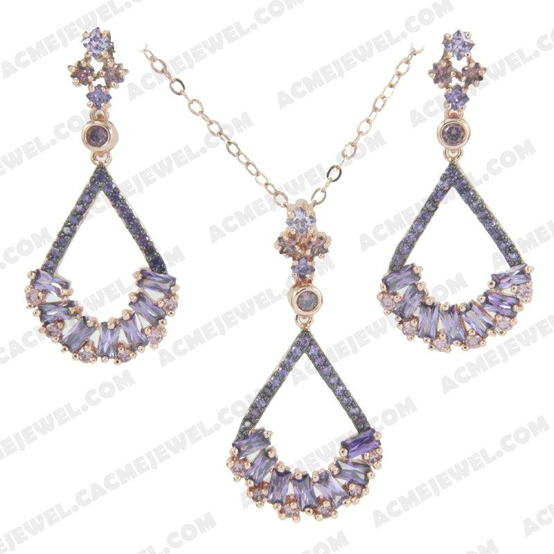 ﻿Jewellery Set 925 Sterling Silver 2-tone Rose gold and black rhodium